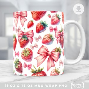 Strawberry Mug Wrap Pink Bow Mug Png Sublimation Design 11oz Mug Design 15oz Mug Template Coquette Coffee Cup Wrap Digital Download