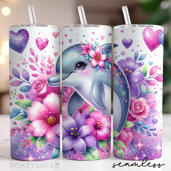 Dolphin Tumbler Wrap 20 oz Skinny Tumbler Sublimation Design Glitter Summer Tumbler Png Floral Tumbler Design Seamless Digital Download