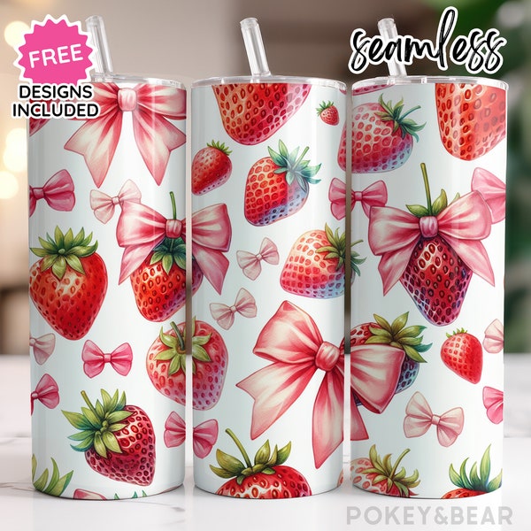 Gobelet emballé avec des fraises et des noeuds 20 oz Gobelet mince Sublimation Design Coquette Gobelet esthétique PNG Gobelet fraise sans couture