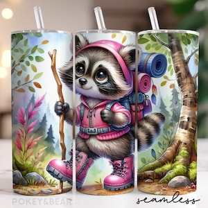 Vaso de senderismo de 20 oz, diseño de sublimación, vaso de camping, diseño de mapache, descarga digital sin costuras