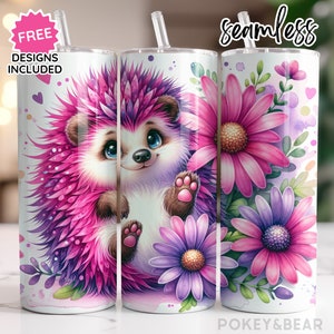 Hedgehog Tumbler Wrap 20 oz Skinny Tumbler Sublimation Design Pink Daisy Tumbler Png Cute Tumbler Design Seamless Digital Download