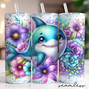 Cute Shark Tumbler Wrap 20 oz Skinny Tumbler Sublimation Design Floral Summer Tumbler Png Beach Tumbler Design Seamless Digital Download