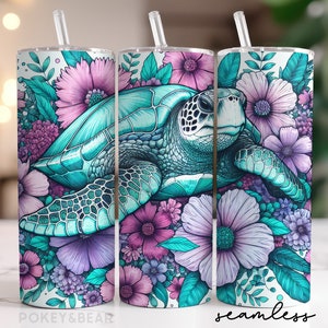 Floral Sea Turtle Tumbler Wrap 20 oz Skinny Tumbler Sublimation Design Summer Tumbler Png Ocean Tumbler Design Seamless Digital Download