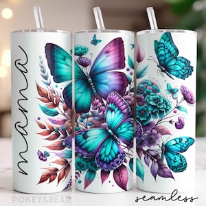 Mama Tumbler Wrap 20 oz Tumbler sottile Design a sublimazione Tumbler a farfalla Png Design per bicchiere per la festa della mamma Download digitale senza soluzione di continuità