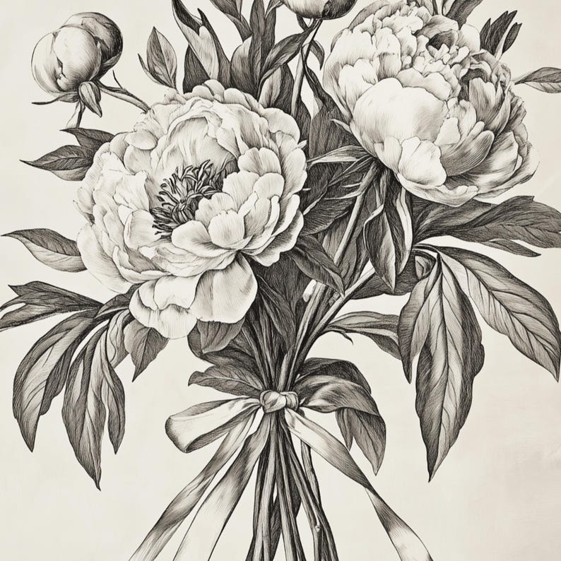 Antique Peony Bouquet Printable, Vintage Botanical Art, Cottage Elegant ...