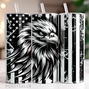 May include: Three stainless steel tumblers with a black and white design featuring an eagle and an American flag.