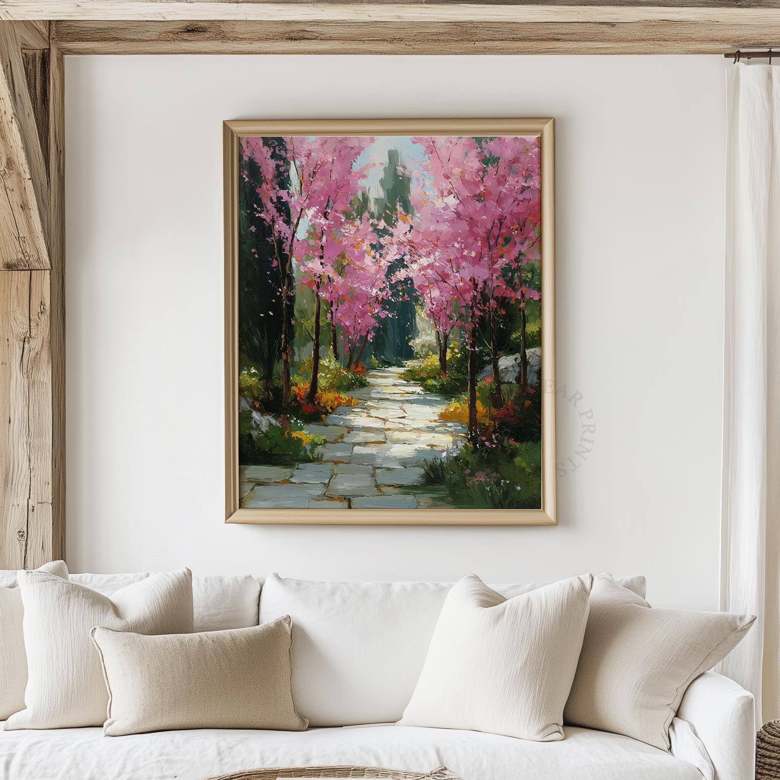 Cozy Stone Pathway With Flowering Trees, Cottagecore Print, Romantic ...