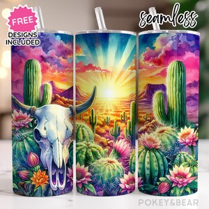 Pustynny kubek Sunset Wrap 20 oz Skinny Tumbler Sublimacja Design Western Tumbler Png Krowa Czaszka Tumbler Design Bezszwowe cyfrowe pobieranie