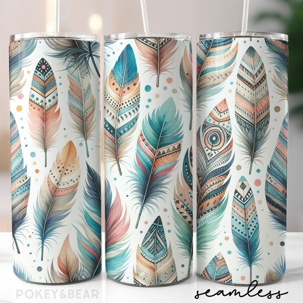 Boho Feathers Tumbler Wrap 20 oz Skinny Tumbler Sublimation Design Boho Tumbler Png Tumbler Design Seamless Digital Download