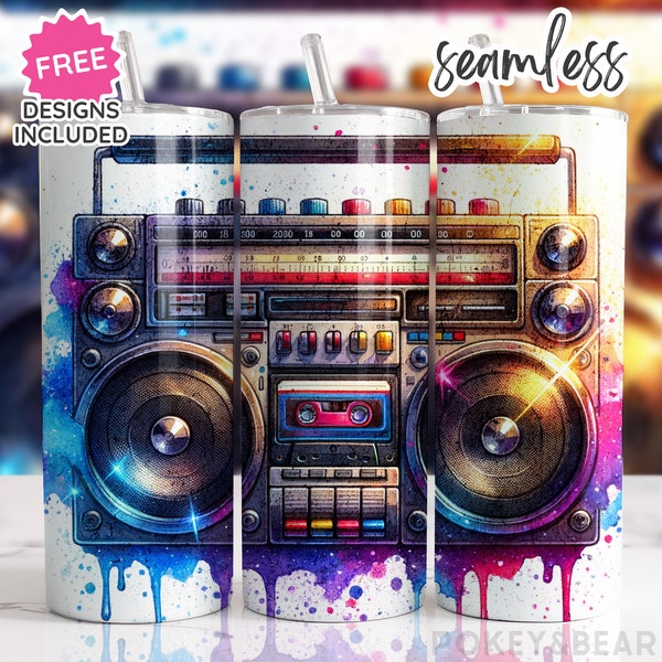 Retro Boombox Tumbler Wrap 20 oz Skinny Tumbler Sublimation Design 90s Tumbler Png Music Tumbler Design Radio Tumbler Digital Download