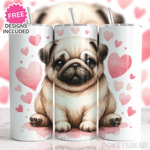 Pug Tumbler Wrap 20 oz Skinny Tumbler Sublimation Design Pug Mom Tumbler Png Valentine's Tumbler Design Dog Tumbler Download