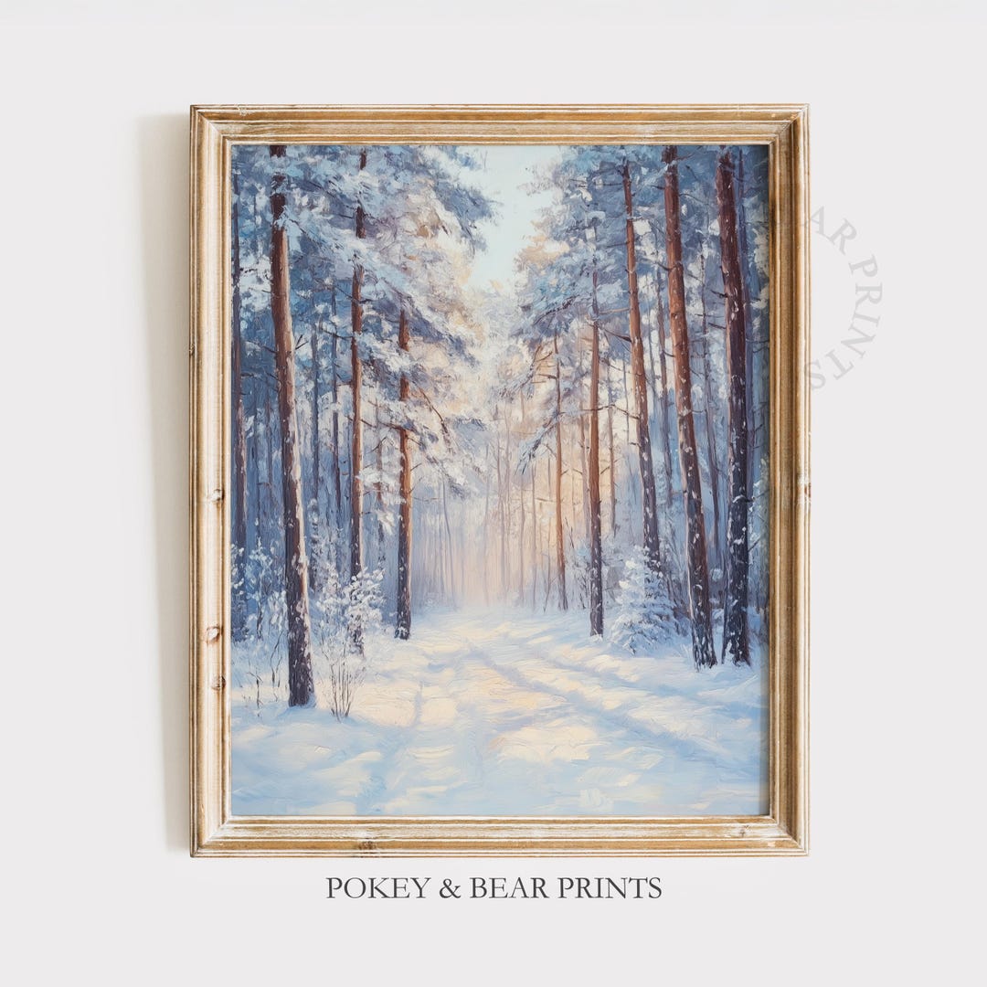 Snowy Winter Forest Landscape Printable, Serene Pine Trees Art, Moody ...