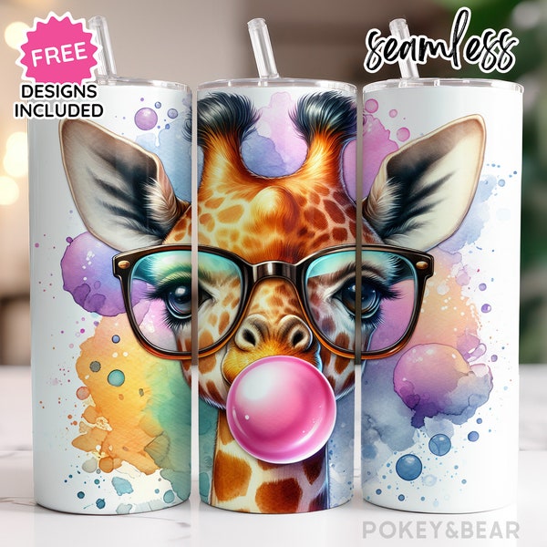 Giraffe Tumbler Wrap 20 oz Skinny Tumbler Sublimation Design Blowing Bubblegum Tumbler Png Cute Tumbler Design Seamless Digital Download