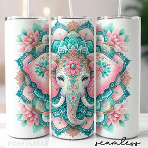 Envoltura para vaso de elefante bohemio de 20 oz, diseño de sublimación, diseño floral de mandala, PNG, diseño pastel, descarga sin costuras