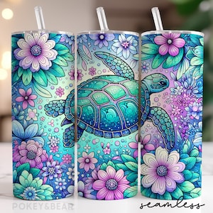 Floral Sea Turtle Tumbler Wrap 20 oz Skinny Tumbler Sublimation Design Summer Tumbler Png Ocean Tumbler Design Seamless Digital Download