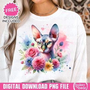 Sphynx Cat Png Sublimation Design Hairless Cat Shirt Design Canadian Sphynx Clipart Floral Cat Tshirt Png Cat UV DTF Design Digital Download