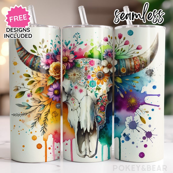 Rainbow Floral Cow Skull Tumbler Wrap 20oz Skinny Tumbler Sublimation Design Western Tumbler Png Country Tumbler Design Cowboy Tumbler Png