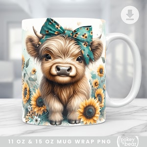 Highland Cow Mug Wrap Sunflower Mug Png Farm Animal Sublimation Design 11oz Mug Design 15oz Mug Template Cute Coffee Cup Wrap Download