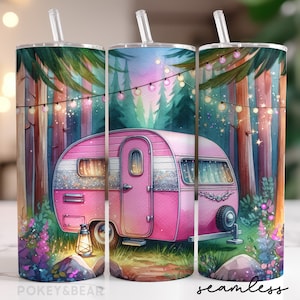Envoltura para vaso de camping de 20 oz, diseño de sublimación de vaso delgado, vaso rosa para autocaravana, diseño de vaso glamping, descarga digital sin costuras