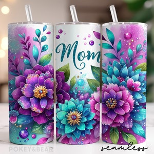 Floral Mom Tumbler Wrap 20 oz Skinny Tumbler Sublimation Design Dia das Mães Tumbler Png Glitter Mama Tumbler Design Seamless Download