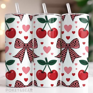 Cherries and Bows Tumbler Wrap PNG Cherry 20 oz Skinny Tumbler Sublimation Design Coquette Seamless Tumbler Png - Digital Download