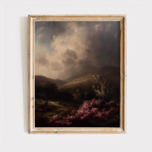Renaissance Landscape Printable, Moody Sky, Dramatic Clouds and Hills, Vintage Style, Classical Pastoral Art, Earthy Home Decor, Digital 814
