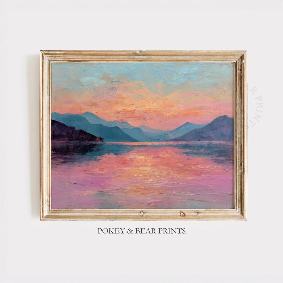 Rustic Lake Sunset Painting, Printable Impressionist Mountain Wall Art ...