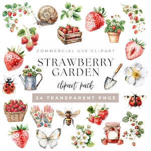 Bundle de cliparts jardin aux fraises, aquarelle baies Png sublimation dessins, clipart jardinage Cottagecore, téléchargement numérique