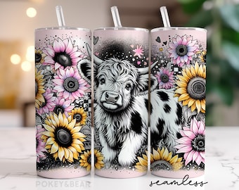 Highland Cow Tumbler Wrap Sunflower Tumbler Design Pastel Tumbler Png 20oz Skinny Tumbler Sublimation Design Seamless Digital Download
