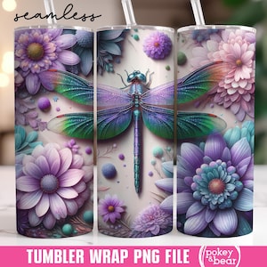 Floral Dragonfly Tumbler Wrap 20 Unzen Skinny Tumbler Sublimation Design Blumen Tumble Png Lila Tumble Design Nahtloser digitaler Download