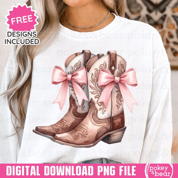 Cowgirl Boots Png Sublimation Design Cowboy Shirt Design Coquette Clipart Western Tshirt Design Boots with Bows DTF File Digital Download