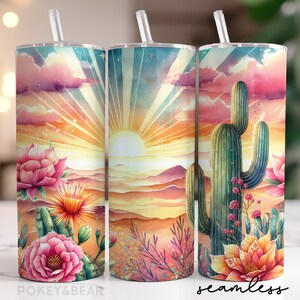 Envoltura para vaso de cactus de 20 oz, diseño de sublimación para vaso delgado, vaso de verano PNG, diseño de vaso con atardecer en el desierto, descarga digital sin costuras