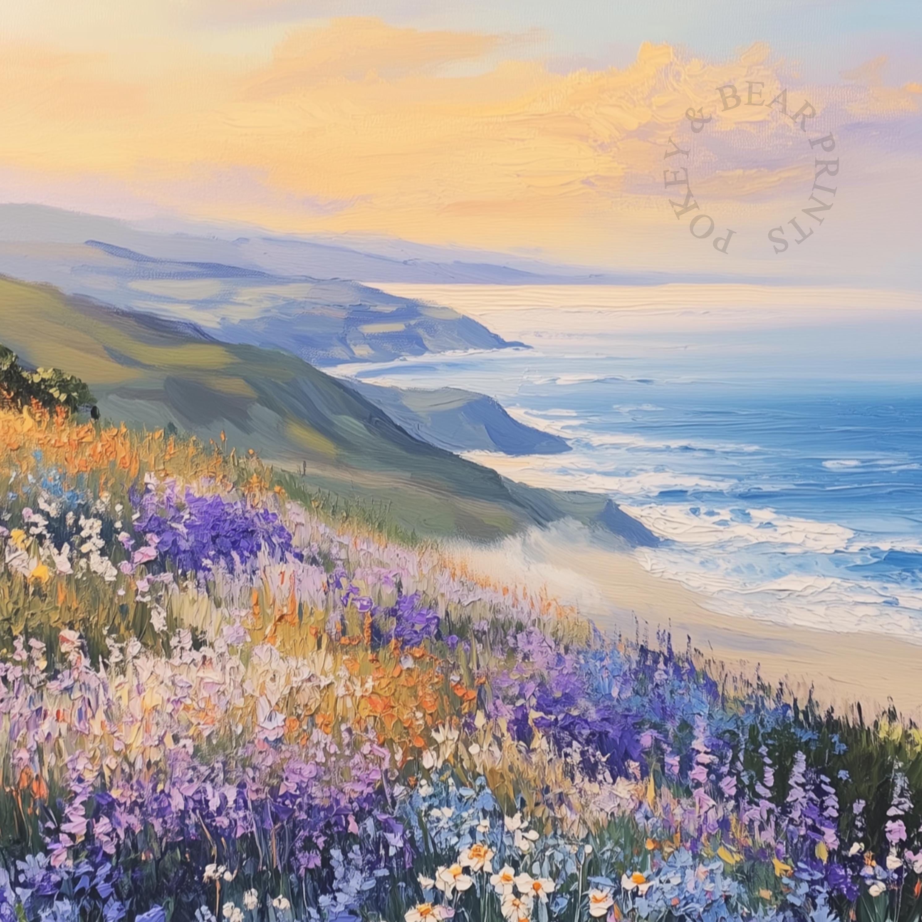 Coastal Wildflower Meadow Printable, Serene Sunrise Ocean Art, Romantic ...