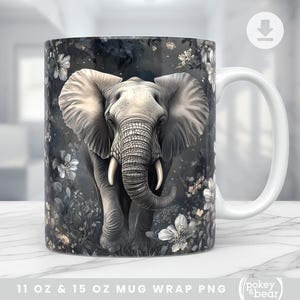 Caneca de elefante, caneca de safári, png, design de sublimação floral, design de caneca de 11 onças, modelo de caneca de 15 onças, capa de xícara de café preta, download digital