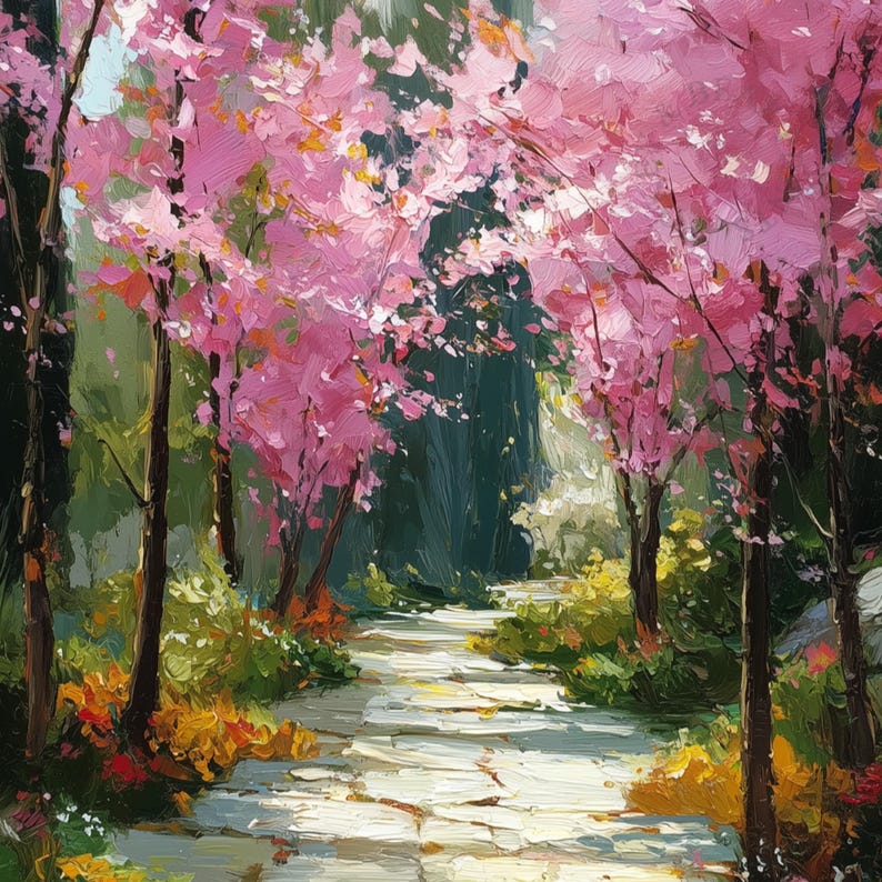 Cozy Stone Pathway With Flowering Trees, Cottagecore Print, Romantic ...