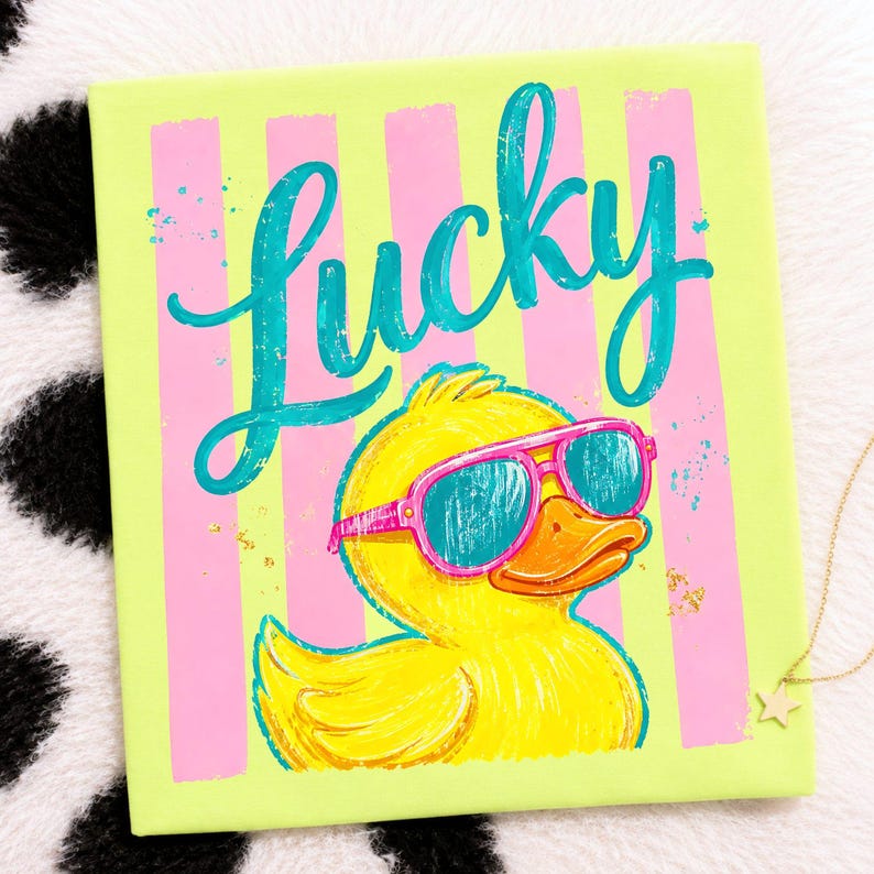 May include: A square canvas art piece featuring a yellow duck wearing pink sunglasses. The word "Lucky" is written in teal script above the duck. The background has vertical pink and light green stripes.