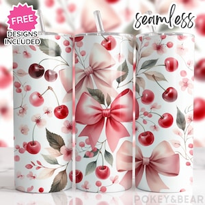 Cherries and Bows Tumbler Wrap 20 oz Skinny Tumbler Sublimation Design Coquette Aesthetic Tumbler Png Pink Tumbler Design Seamless Download