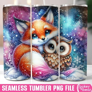 Gobelet enveloppant renard hivernal 20 oz gobelet fin en sublimation gobelet hibou Png gobelet animal des bois design transparent téléchargement numérique