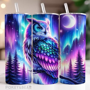 Neon Eule Becher Wrap 20 Unzen Skinny Tumbler Sublimation Design Nordlichter Becher Png Mond Becher Design Nahtloser digitaler Download