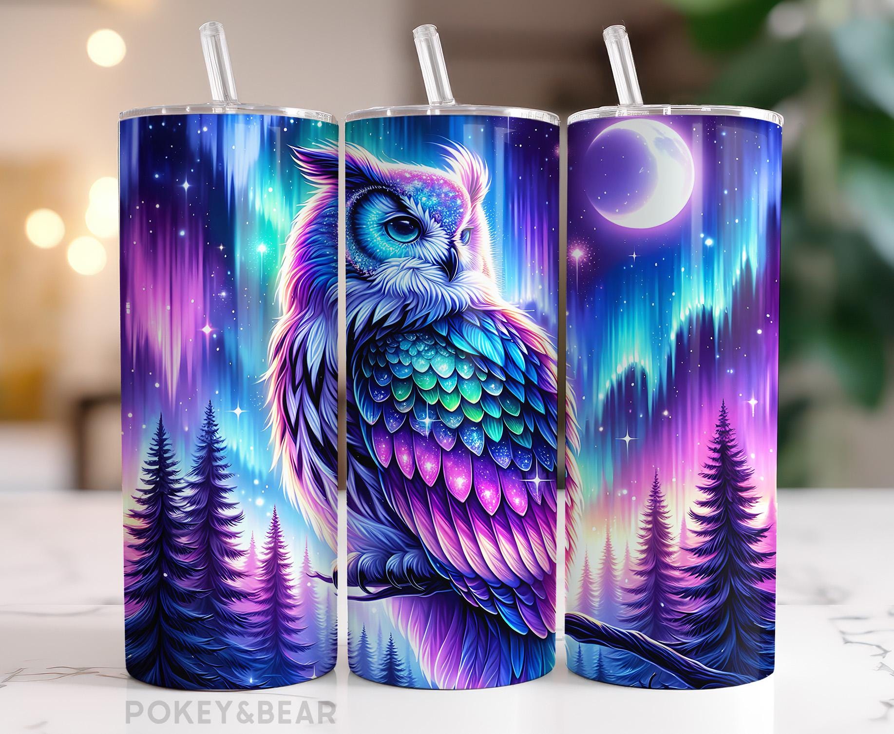 Neon Owl Tumbler Wrap 20 oz Skinny Tumbler Sublimation Design Northern Lights Tumbler Png Moon Tumbl