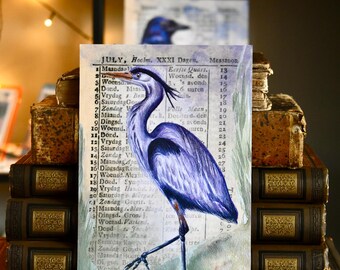 Cartolina illustrata con airone dipinto ad acquerello a mano – Calendario vintage del 1805 (materiale effimero)