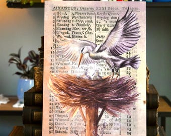 Stampa artistica ad acquerello di una cicogna - Stampa vintage del calendario olandese (1805) - Biglietto regalo per la maternità e la nascita di un bambino