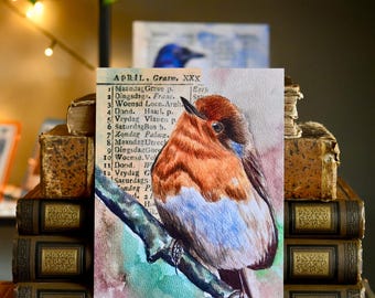Stampa artistica ad acquerello raffigurante un pettirosso dipinto a mano – Cimelio vintage del 1805, simbolo della casa vittoriana