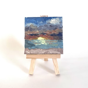 Ocean sunset mini oil painting, hand painted impressionist with a palette knife on canvas with easel