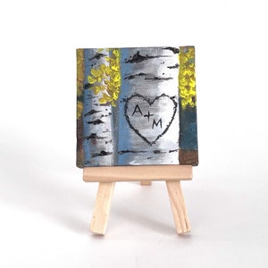 Custom painted initials carved into aspen tree, mini painting original acrylic on canvas with easel