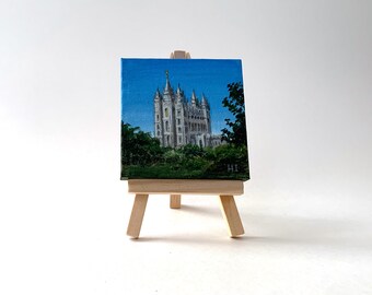 Mini painting Salt Lake City, Utah temple original acrylic on canvas with easel