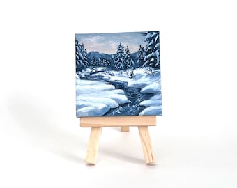 Mini painting of winter stream hand painted original acrylic on canvas with easel