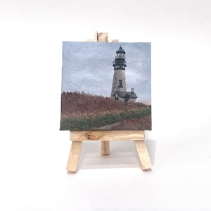 Oregon Lighthouse, Mini oil painting on canvas with easel