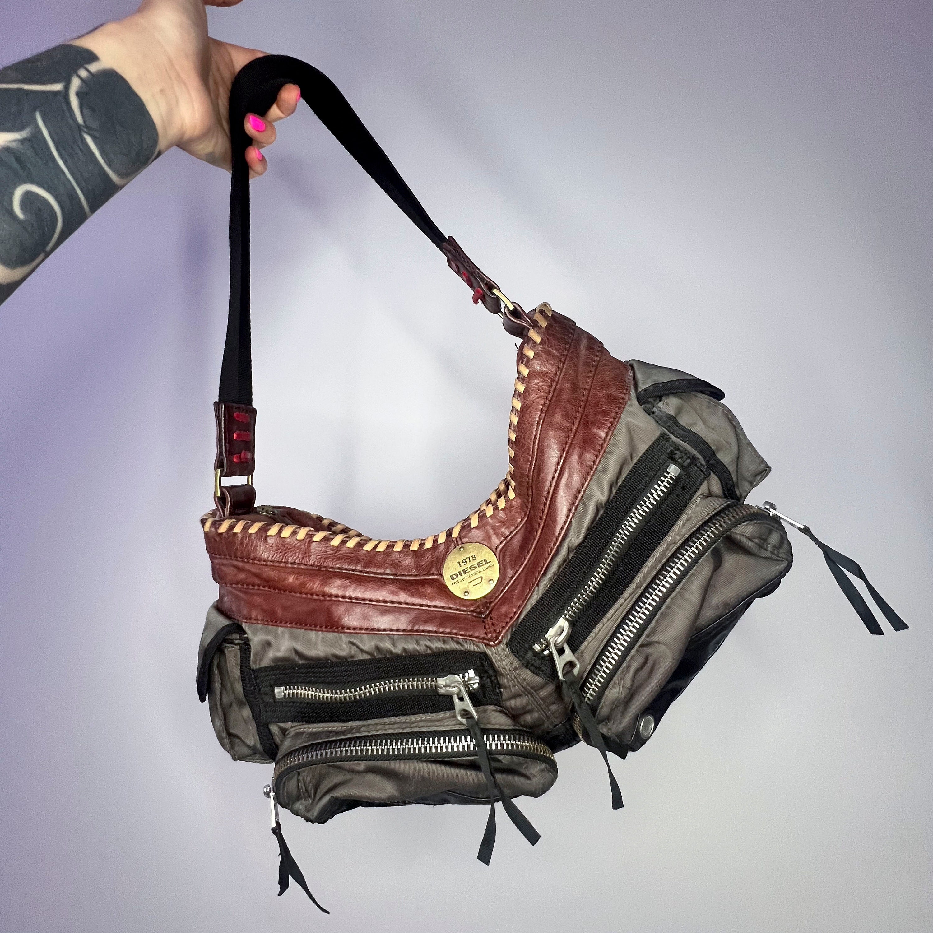 Diesel Archive Gray Bag With Brown Leather Details - Etsy Diesel Archive Gray Bag With Brown Leather Details - Etsy
