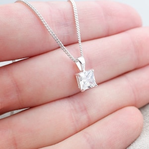 Sterling Silver Cubic Zirconia Square Pendant Necklace - Diamond Cut Sterling Silver Chain - Wedding Jewellery